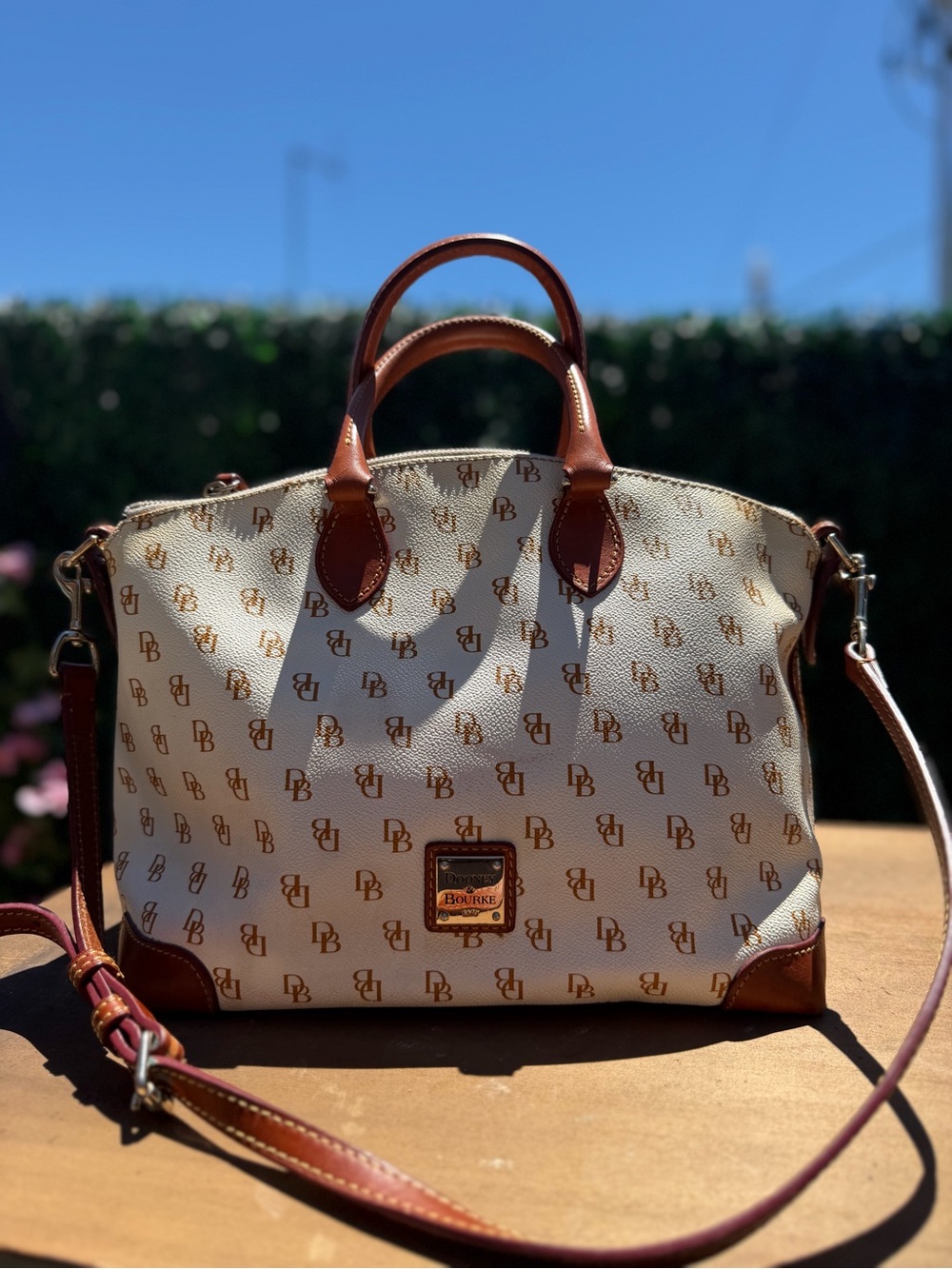 Dooney & Bourke Cream Signature Satchel with Brown Trim